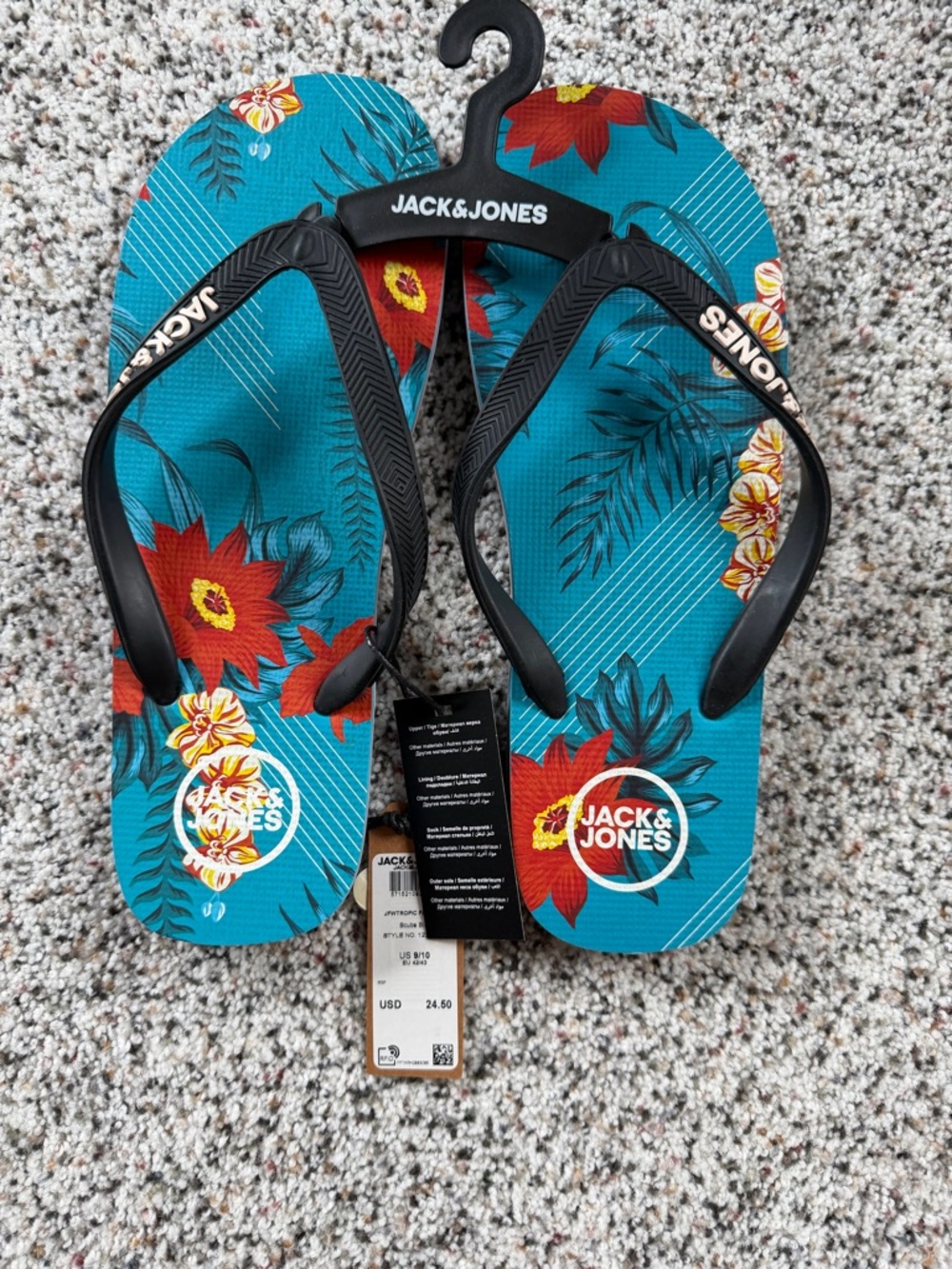 Jack & Jones Teal Floral Print Flip Flops with Black Straps